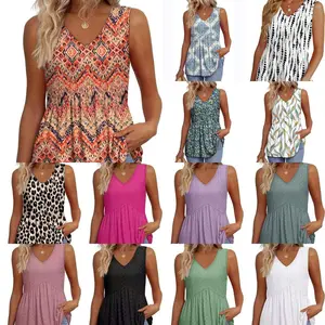 Women's Summer V Neck Sleeveless Tank Tops Casual Flowy Peplum Babydoll Tunic Shirts