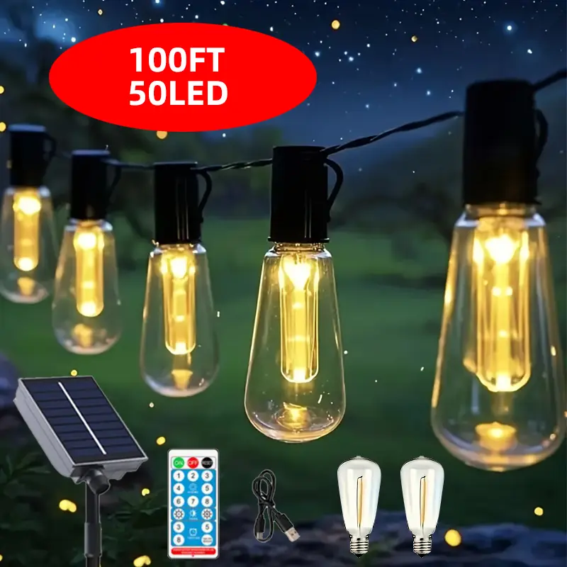 52+2Bulbs /100FT Solar Powered String Lights - Outdoor Home Improvement Lighting  Adjustable Multi-Color string lights   with Minimize Power Consumption, Simple Setup, Warm Glow for Outdoor Garden Decoration