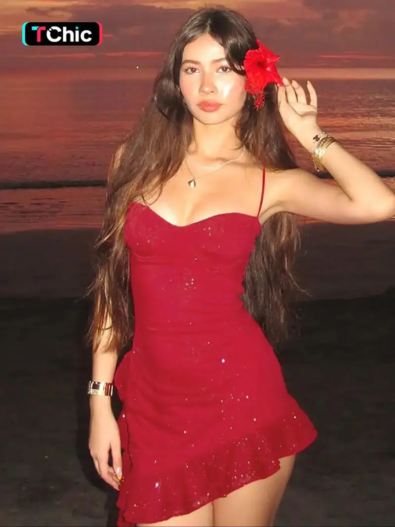 slim fit dress slacks Zoey Sparkling Red Glitter Halter Mini Dress Xs main image 1