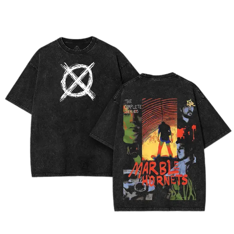 [Collection] 4 Design Marble Hornets Horror Washed T-Shirt Graphic Tee - Vintage Washed Cotton T-Shirt, Creepypasta Shirt for Streetwear Horror Fans, Ultimate Gift Idea for Horror Enthusiasts