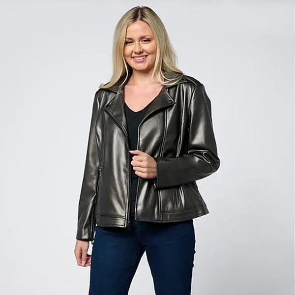 Colleen Lopez Pearlized Faux Leather Moto Jacket