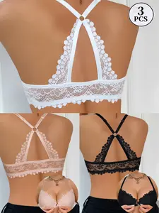 1/2/3-Pack Women's Sexy Front-Closure Lace Bra - Push-up, Sexy Backless, Breathable Solid Color Underwire Bra clasp Elegant Buckle inlyric woman full coverage bra comfort underwear racer back bralette