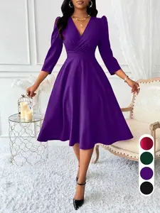 Wine V Neck Midi Dress, Slim Fit a Line, 3/4 Sleeve, Elegant Style, High Waist, Comfortable Fabric, Perfect for Office/wedding/party/daily Wear