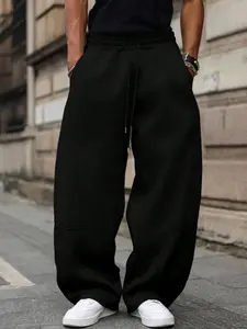 Men's Drawstring Jogger Pants - Athleisure Style, Wide Leg, Loose Fit Baggy Sweatpants, Breathable Polyester, Solid Color Patchwork, Plus Size Full Length, Casual Comfy for Outdoor Activities, Daily Use,summervibes Sports Bottoms