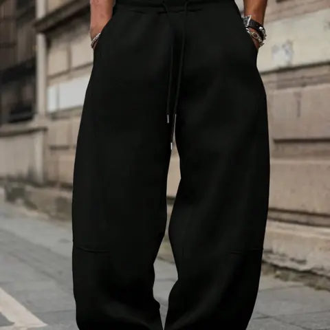Men's Baggy Sweatpants - Plus Size Wide-Leg Polyester Basics with Drawstring Closure, O-Type Athleisure Men's Clothing for Outdoor Sports, Casual Wear, Athleisure Gym Clothes