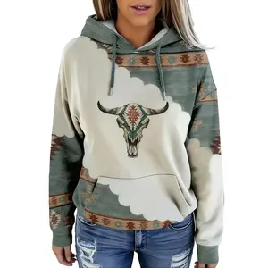 [Plus Size] Womens Pullover Hoodie Retro Highland Bull Head Print Western Bohemian Pullover Hoodie, Relaxed Fit, LongSleeve, Round Neck, Versatile Outerwear Top, Comfortable Casual Attire