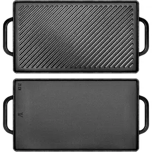 Cast Iron Griddle 15x9 Inch, Reversible-Sided 2-in-1 Griddle for Two Burners Stovetop, Grills and Camping Setups, Cast Iron Grill Pan with Flat & Ribbed