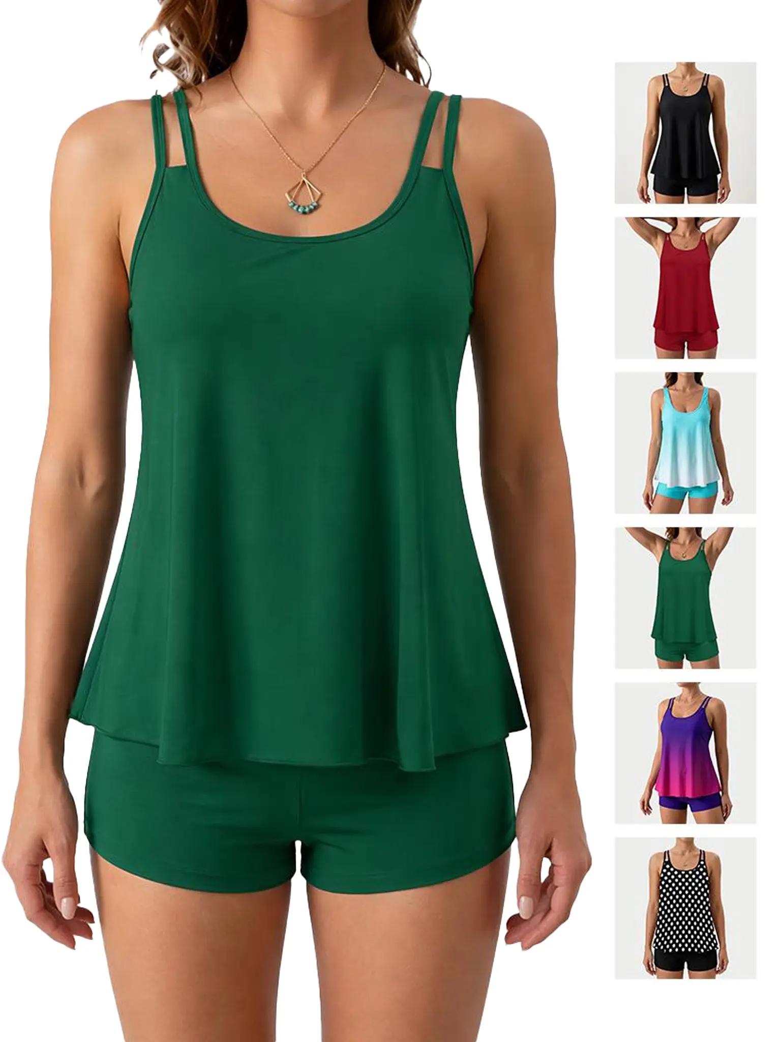 Women's 2-Piece Double Adjustable Strap Tankini Swimdresses - Scoop Neck Loose Flowy, Full Coverage Boyshort Bottoms, Tummy Control Soft Quick Dry for Beach, Pool