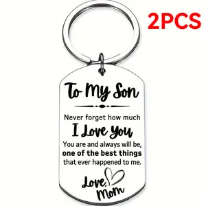 2pcs Stainless Steel Inspirational Keychain for Son from Mom - Engraved "To My Son" Love Note, Alphabets Theme Oblong Shape, Key Ring Buckle - Perfect for Birthday, Graduation, Valentine's Day Gifts, Without Box Personalized Heart Tag
