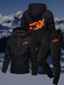 Men's Sportswear 2-Piece Set, Fox Logo Flight Jacket & Casual Long Pants, Fitted Landscape Print, All Seasons