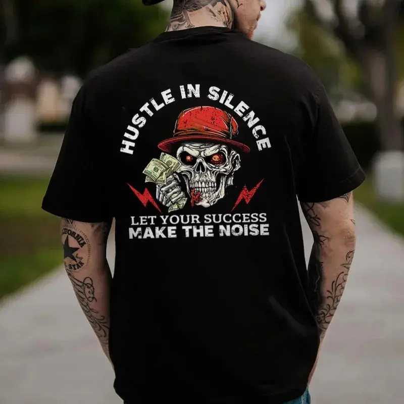 Men's Classic Oversized Unisex "HUSTLE IN SILENCE" Skeleton With Money Print Short-Sleeve T-Shirt, Menswear Apparel