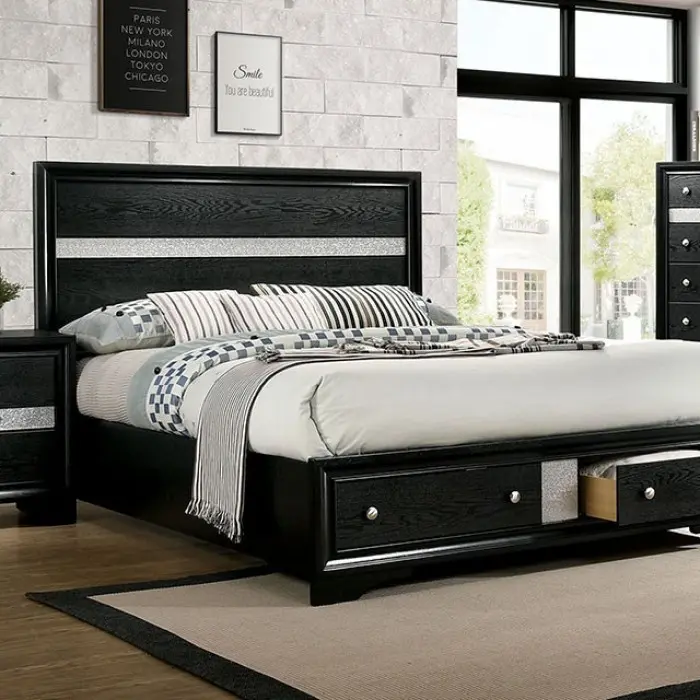 Rosdorf Park CM7552BK-4PC 4-Piece Queen Bed Set with Drawers in Footboard Black Finish Wood Nightstand Dresser Mirror Assembly Required, Wooden Bedroom Set, Bedroom Dresser Sets
