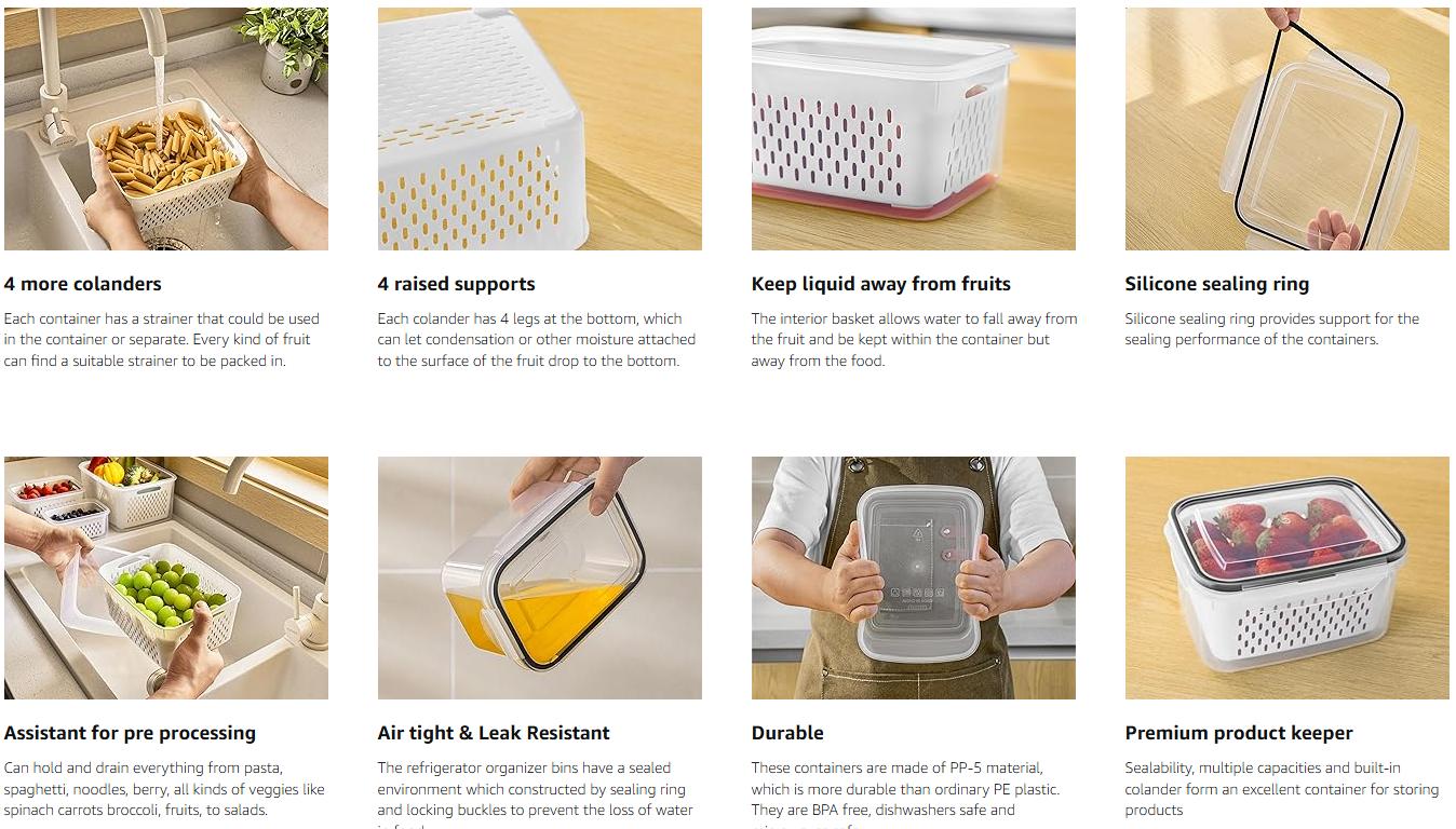 Fruit and Vegetable Organizer, 8-pack Double DrainerFruit & Vegetable Storage Box,,Kitchen Accessories Storage Organizer, Household Essentials Durable