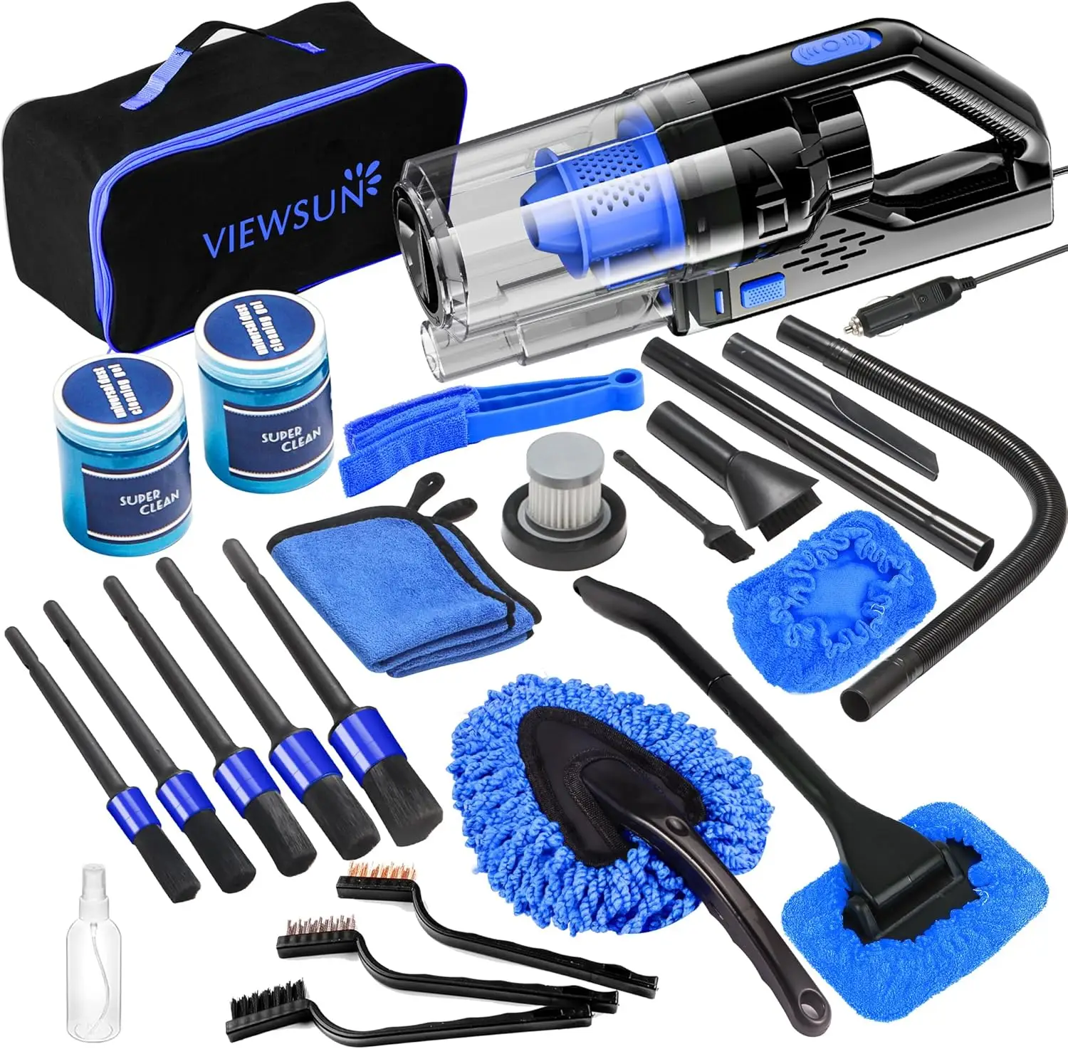 Viewsun Car Cleaning Kit, Car Interior Detailing Kit with High Power Handheld Vacuum, Detailing Brush Set, Windshield Cleaner, Cleaning Gel, Complete