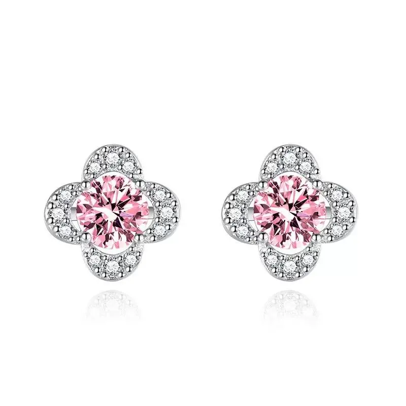 Unisex Blush Pink European-Style Synthetic Micro-Crystal 4-Leaf Clover Stud Earrings - Unique Design, Date Night Accessory, 7-Day No Reason Return, Buy 1 Get 1 Free, 2-Order Limit Per Person