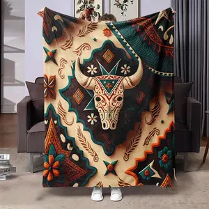 Boho Style Bull Head Pattern Blanket, Figure Print Blanket, 1 Count Soft Throw Blanket, Air-conditioned Room Blanket, Warm Nap Blanket for Home Office Travel Camping