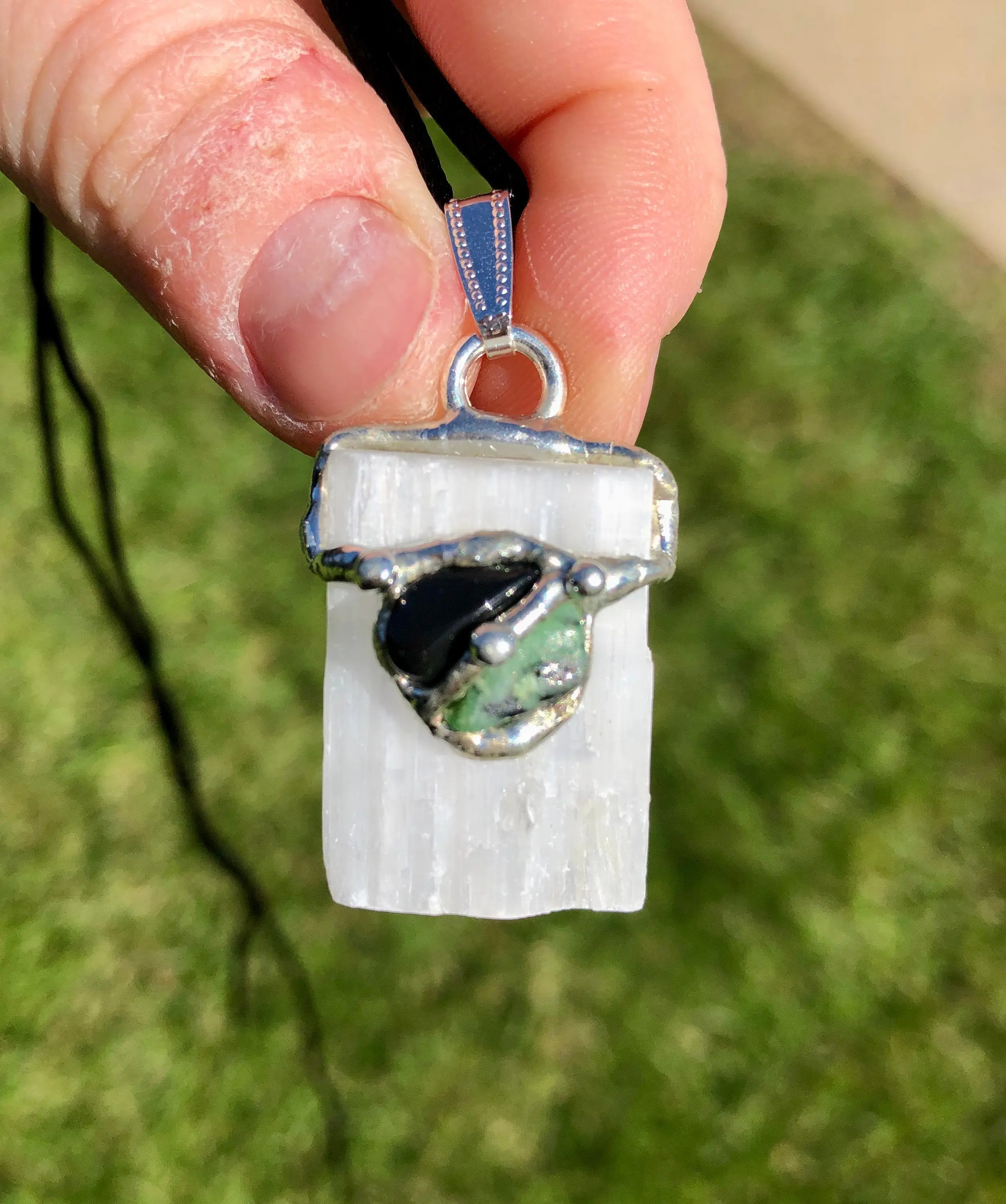 New Moon Beginnings Empath Amulet Pendant - Obsidian, Ruby in Zoisite, Quartz, Selenite with Black Satin Cord