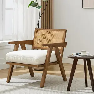 Mid-Century Modern Accent Chair, Linen Upholstered Lounge Chair with Wood Frame, Soft Cushion - Comfortable Reading Armchair for Living Room, Bedroom, Office - White 1 PCS