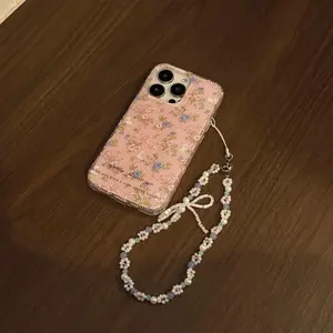 Vintage Lace Cat Pattern Phone Case with Beaded Lanyard, Cute Phone Cases for iPhone 11 12 13 14 15 Pro Max, Cover