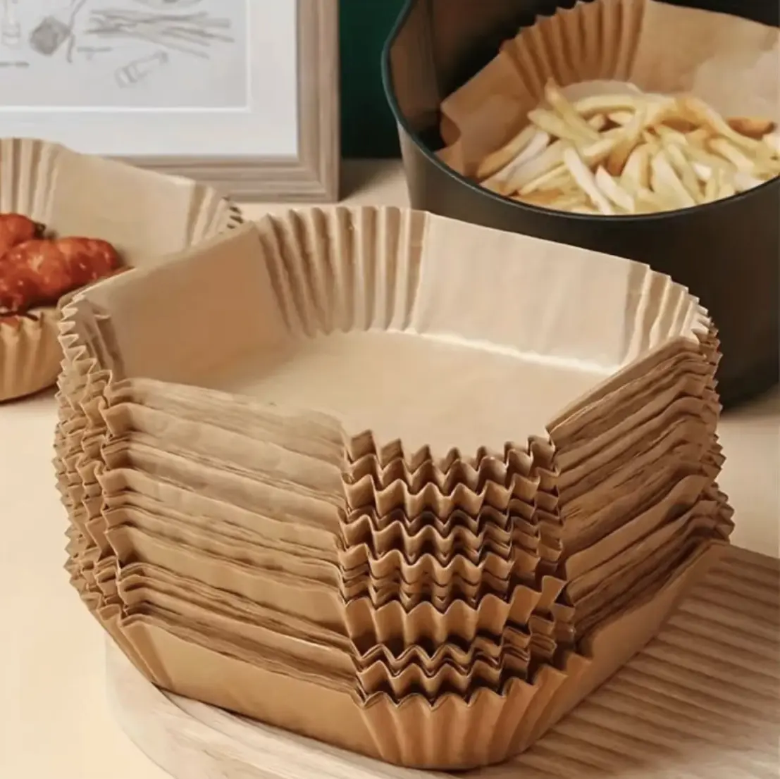Unbleached Biodegradable Air Fryer Parchment Paper Liners - Non-Toxic, Non-Stick Disposable Sheets, Baking Supplies, Bakeware, Oil-Resistant, Natural Unbleached Guarantee, 450-Degree Heat-Resistant, Easy Clean Home & Party Disposable Tableware Accessories