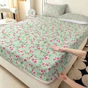 Three-piece Green background with pink floral patterns printed fitted sheet set (1 fitted sheet + 2 pillowcases, pillow cores not included), suitable for bedrooms or guest rooms, printed fitted sheets for home and dormitories, Bedsheet Sets