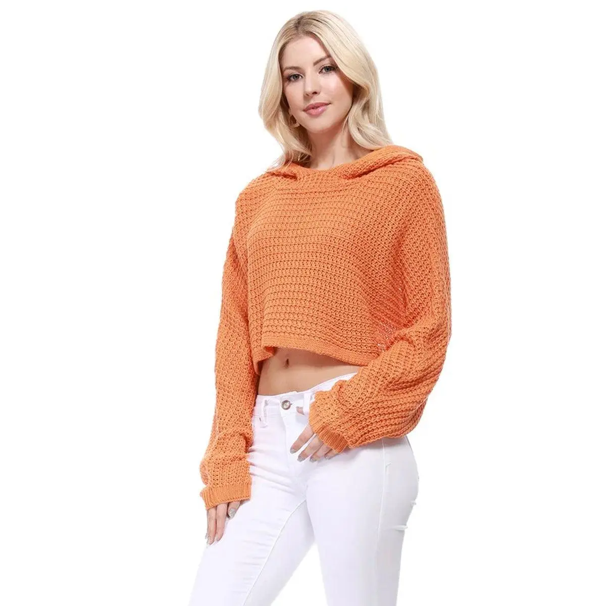 Bat Wing Sleeve Crop Waffle Knit Hoodie Top