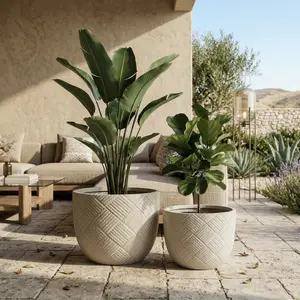 Round Concrete Planter Set of 2, Large Outdoor Indoor Handmade Rustic Decorative Planter Pots with Drainage Holes for Home Garden Patio, 15" X 11" & 18" X 14"  (grey)