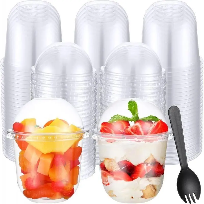 100 Pack 12oz Clear Transparent Plastic Cups with Lids & Sporks, Disposable Party Cups, Festival Party Tableware Supplies for Weddings, Thanksgiving, Halloween & Christmas, Disposable Individual Dessert Cups