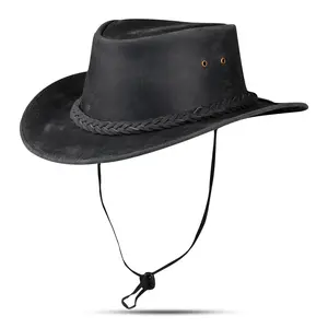 Genuine Leather Western Cowboy Black Hat with Conchos Band & Adjustable Chin Cord