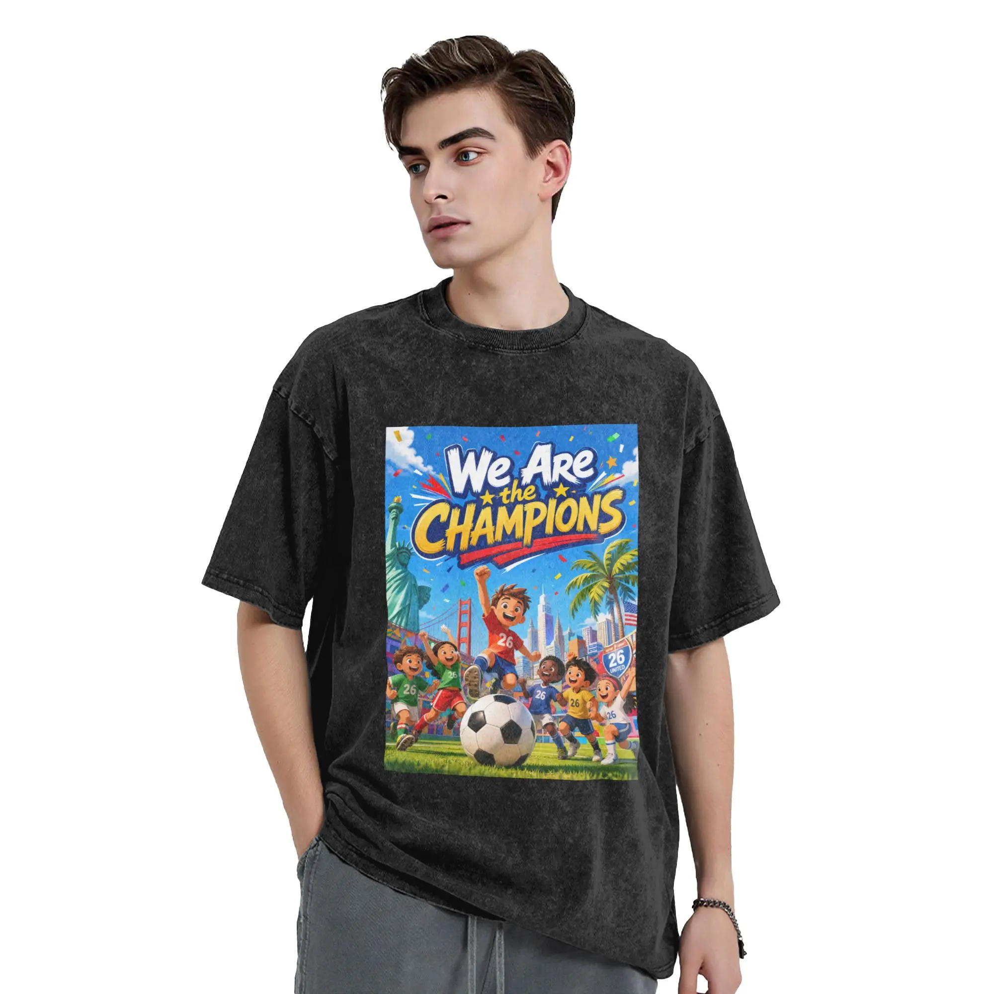 Men's 230g High-Quality Cotton Crew Neck T-Shirt - 2026 Soccer Championship Graphic Digital Print, Vintage Washed, Fashion Casual Cartoon Personalized Tops, All Seasons Comfortable Durable Short Sleeve