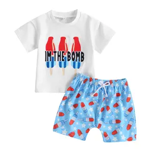 REDWOON Toddler Baby Boy 4th of July Outfit Short Sleeve USA T-Shirt Ice Cream Print Shorts Set Memorial Day Outfit