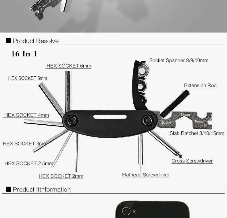 ROCKBROS 16-in-1 Bike Tool, Foldable Steel Multi-Tool Repair Kit with Tire Levers & Allen Wrench, Portable Bike Parts for Cyclists, Lightweight, Emergency