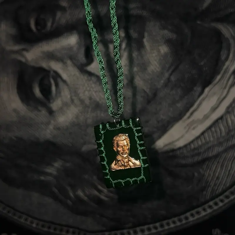 Green Escapulario with Jesu Malverde and Green Color String Necklace - Square Pendant Design Faith Accessory Everyday Wear