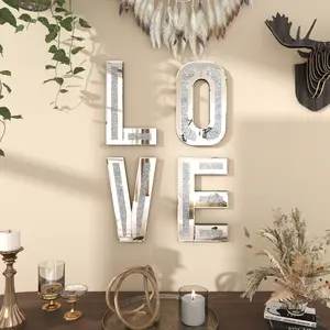 SHYFOY Mirrored Love Letters Living Room Wall Decor 20in Big Size Crushed Diamond Mirror Set Sparkly Silver Home Decor Decorative Reflective Hanging