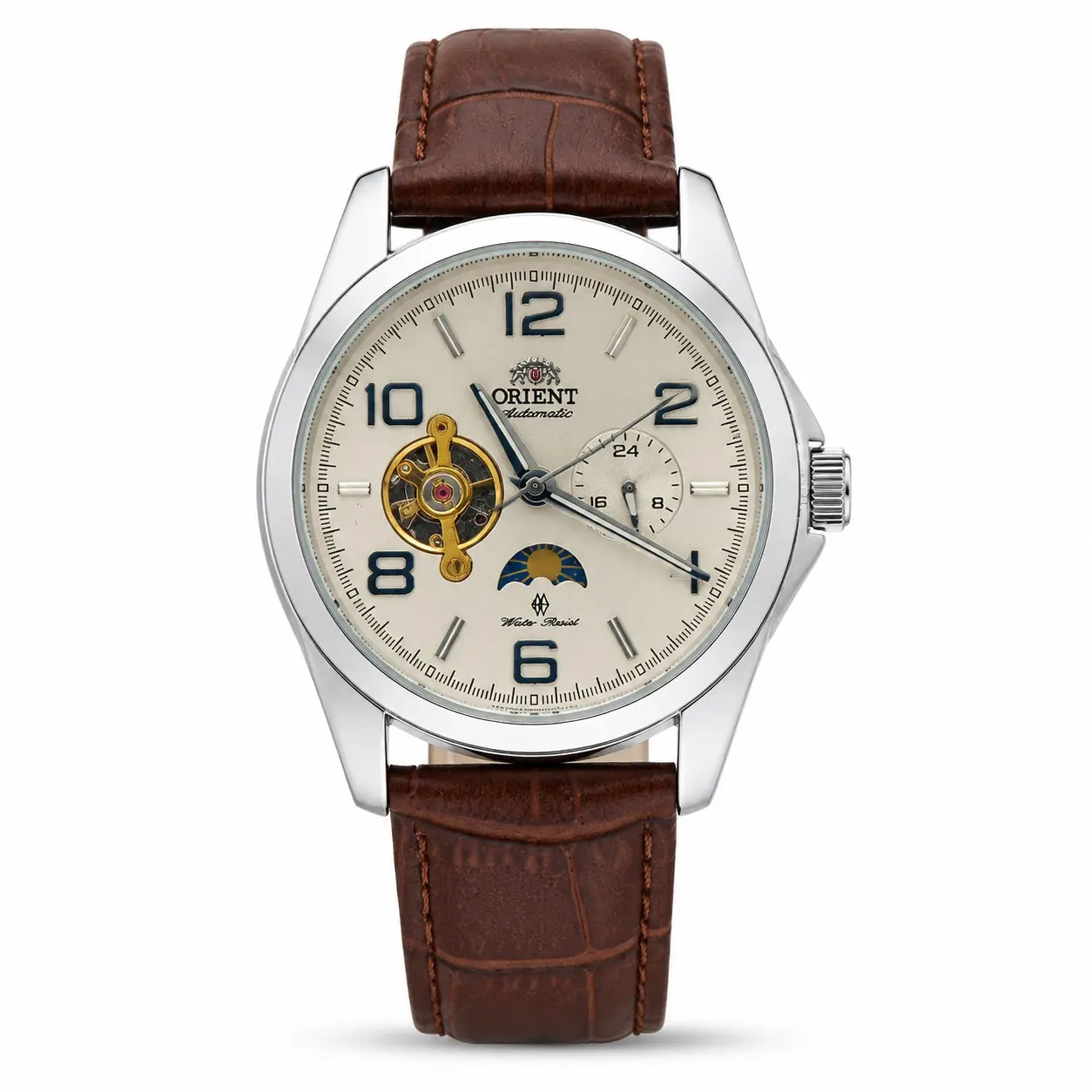 Men Automatic Skeleton Watch, Sun-Moon Phase & 24H Subdial, Large Arabic Numerals, Water Resistant, leather & stainless steel bands optional, multi-color dial, business daily wristwatch, thoughtful birthday & Father’s Day gift for men.