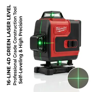 Milwaukee 16-Line Cross Green Laser Level offers self-leveling 360° coverage for construction and layout. Rechargeable 12V system with wall mount and tripod for outdoor use.