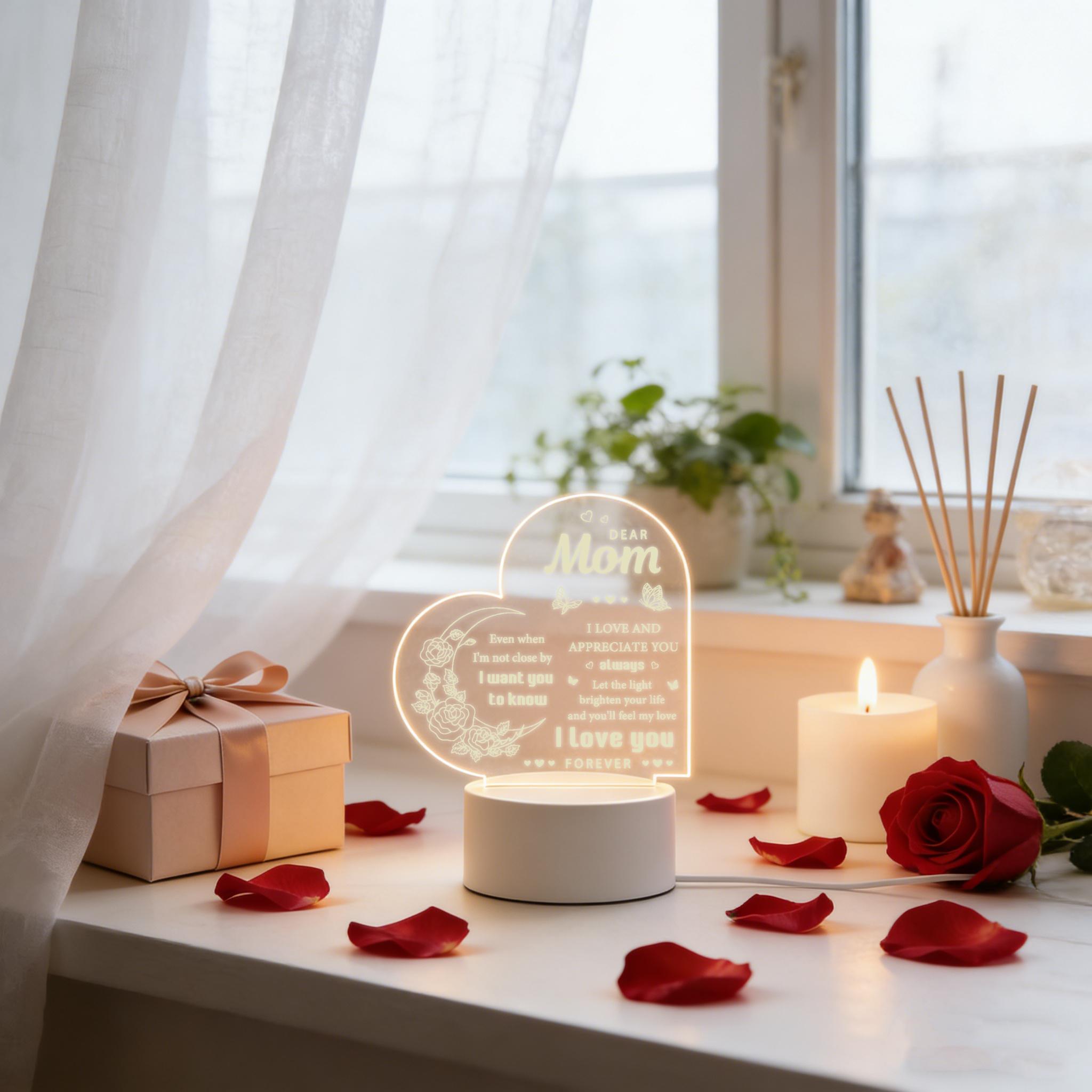 Dear Mom Night Light, 2D Acrylic Heart Shaped Rose Butterfly Lamp, Personalized Gift for Mom, Warm White LED Desk Lamp, Mother's Day Birthday Christmas Thanksgiving Gift for Mom, USB Powered Night Light