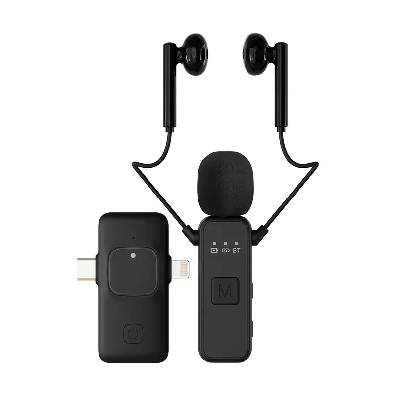 Compact Rechargeable Wireless Lavalier Microphone with Monitoring Earphones, Plug-and-Play Clip-On Lapel Mic, Dual Lightning-USB-C Receiver, Bluetooth Connection for iPhone & Android Devices, Karaoke Audios, Streaming Setup (TikTok Live, Vlog Recording)