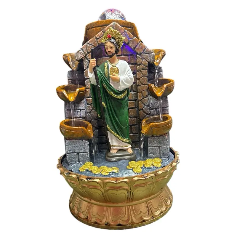 12” St. Jude LED Water Fountain with Gold Coins – Plug-In Electric Indoor Fountain – Spiritual Prosperity Decor