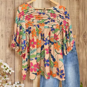 SageVell Floral Pleated Blouse Puff Sleeve Top Breathable Cascading Pleat Top Colorful Botanical Print Blouse Tropical Vibe Cloth