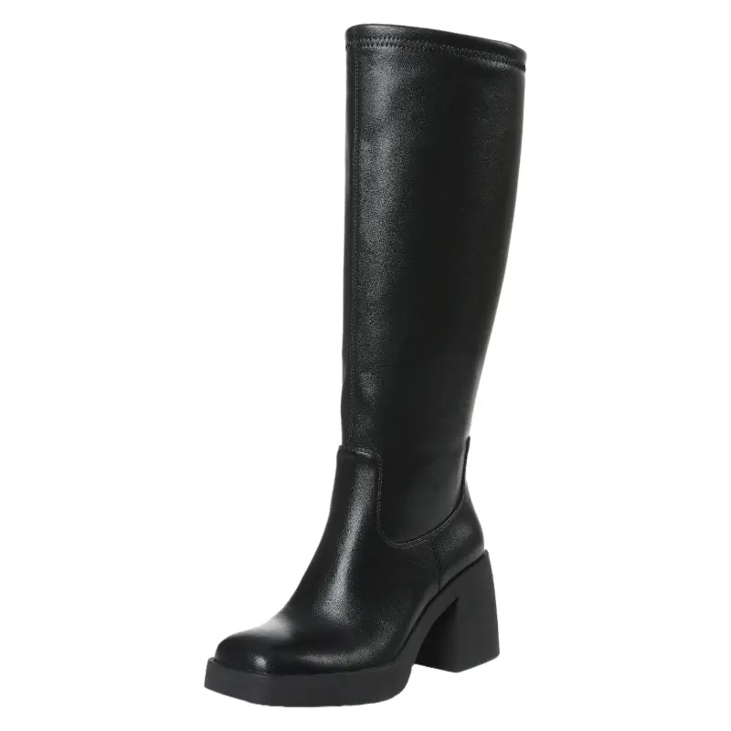 Women's Square Toe Chunky Heel Platform Stretch Boots Knee High Boots with Side Zipper Fashion Dress Long Boots