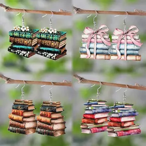 4 Pairs Retro Back to School Season Flower Bow Book Pendant Earrings, Wooden Double-sided Teacher's Day Back to School Season Teacher's Book Enthusiast Earrings Gift