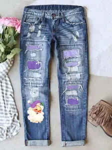 Christmas Santa Patch Print Long Denim Jeans, Distressed Design with Cat Whisker Technique, Comfortable Elastic Fabric for All Body Types, Perfect Fit Casual Style