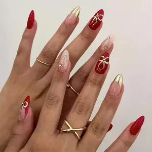 Bow Star Press on Nails Red Fake Nails with Rhinestone Design Gold  Tip Glue on nails Medium  False Nails Glossy Artificial Acrylic Full Cover Stick on Nails for Women Manicure 24Pcs