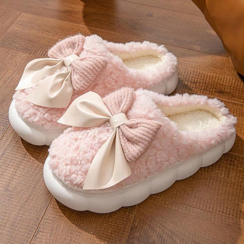 Women's Comfortable Winter Slippers With Bow - Plush Lining, Non-Slip Thick Sole Indoor Shoes, Warm & Cozy Ladies Slippers