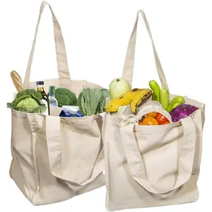 Best Canvas Grocery Shopping Bags - Cloth Grocery Tote Bags - Reusable Cotton Grocery Tote Bags with Bottle Sleeves