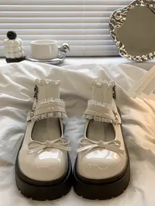 Women's Japanese Style Lace Bow Mary Jane Shoes, Summer New Vintage Thick Sole Rubber Big Head Soft Girl Leather Pumps