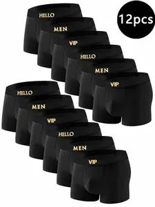 Men's Trendy Briefs Four-Pack Breathable Vip Boxing Belt Printed Solid Underwear (12 Pack), Casual Slim Fit All-Season Wear