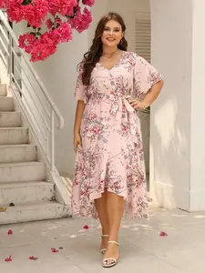 Plus Size Floral Print Ruffle Hem Belted Wrap A Line Dress, Boho Butterfly Sleeve V Neck High Low Midi Dress, Women Clothing for Spring & Fall