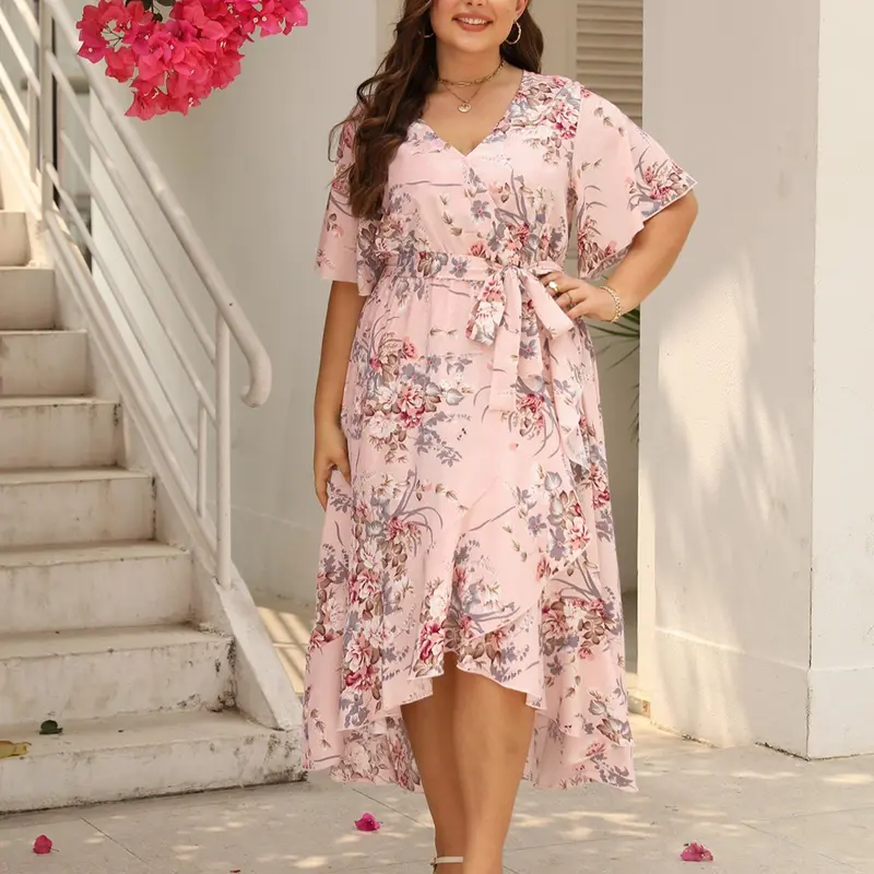 Plus Size Floral Print Woven Ruffle Hem Belted Wrap Fitted A-Line Dress, Boho Butterfly Sleeve V-Neck High-Low Midi Day Dress, Casual Dresses, Women's Casual Clothing for Spring & Fall, Casual Wear Piece
